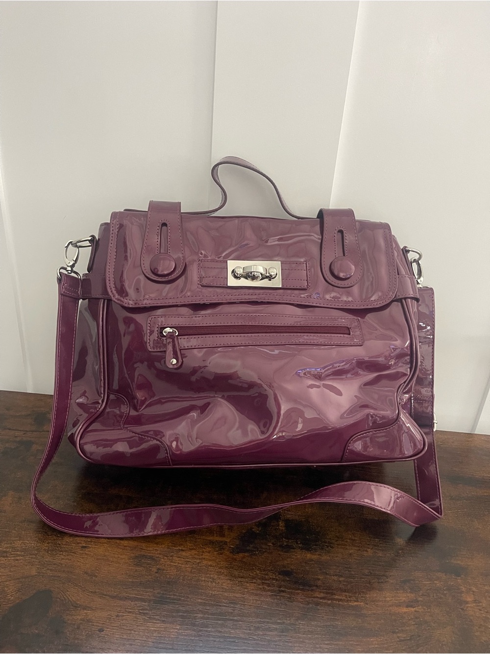 Nine West Glossy Patent Shoulder Satchel in Plum